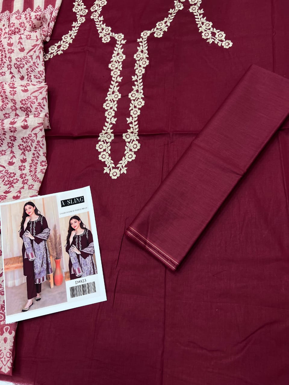Embroidered Three Piece Suit (Maroon)Trending Article