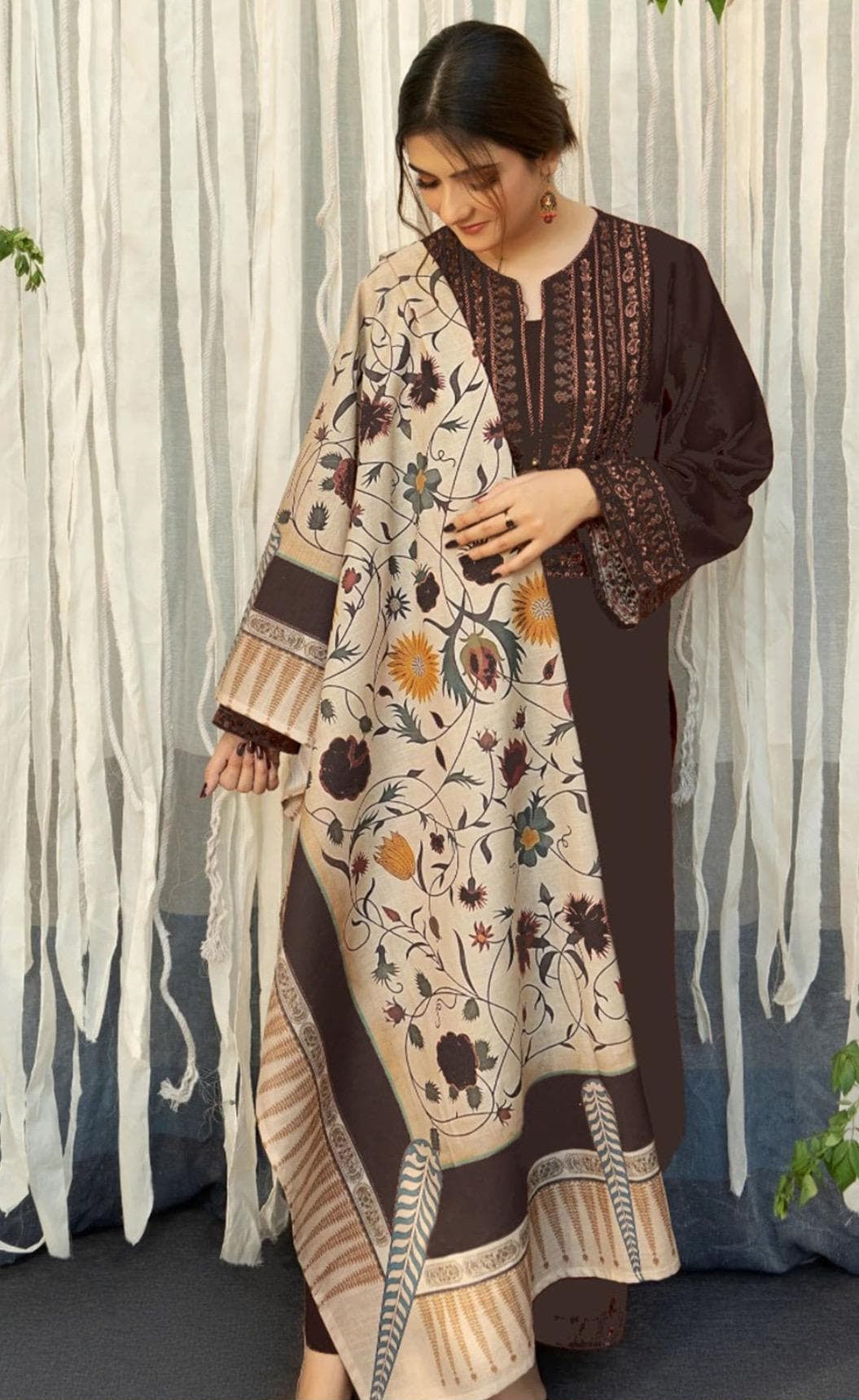 Brown Embroidered 3 Piece Unstitched