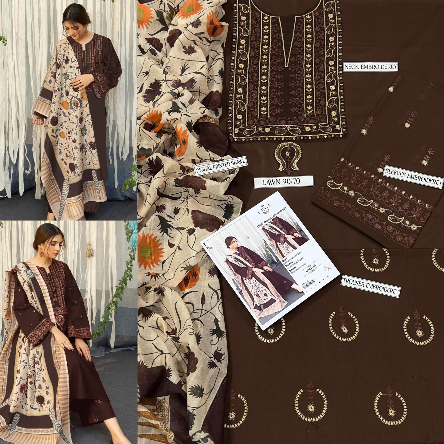 Brown Embroidered 3 Piece Unstitched