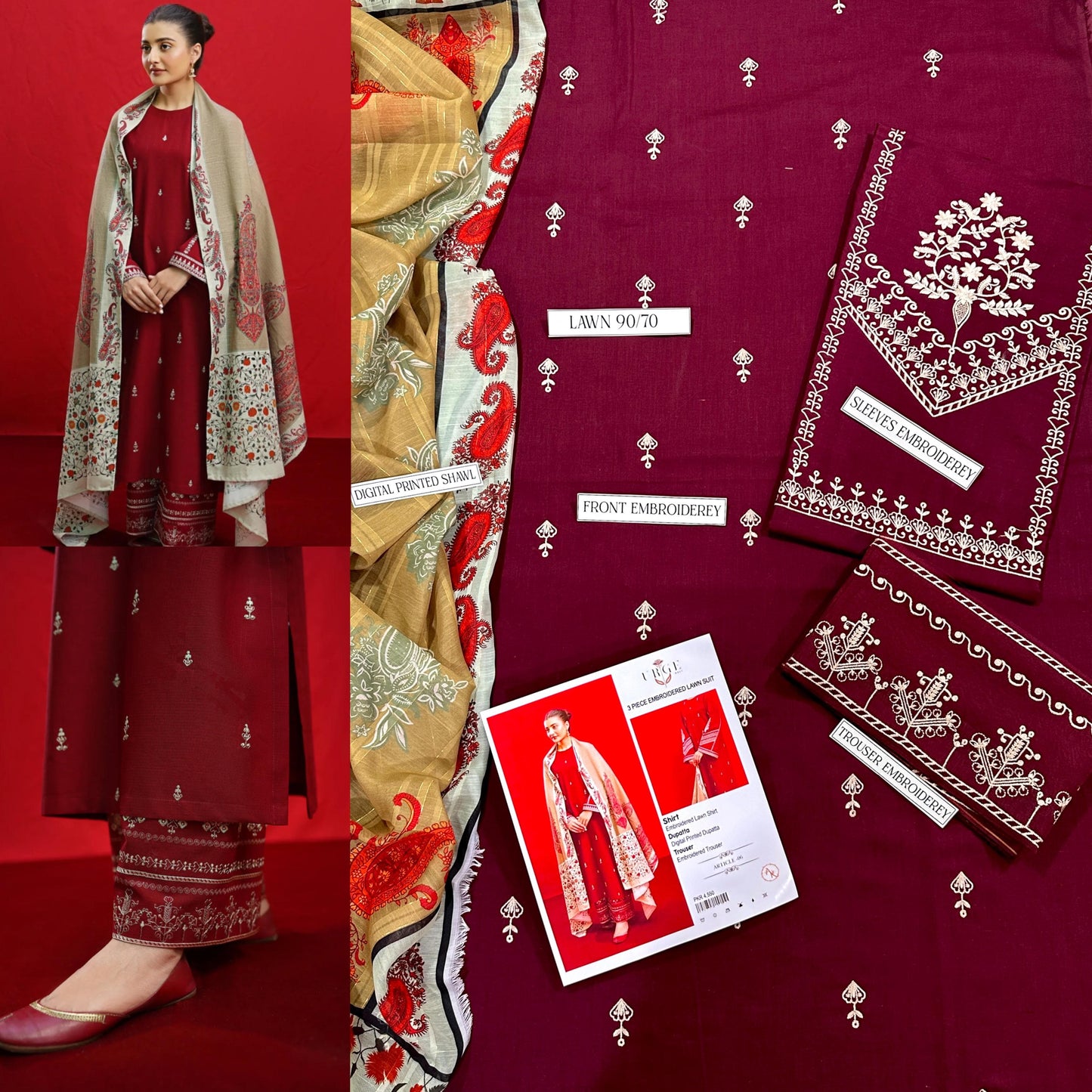 Red maroon 3 piece Embroidered Suit Printed Suit (Eid Collection)