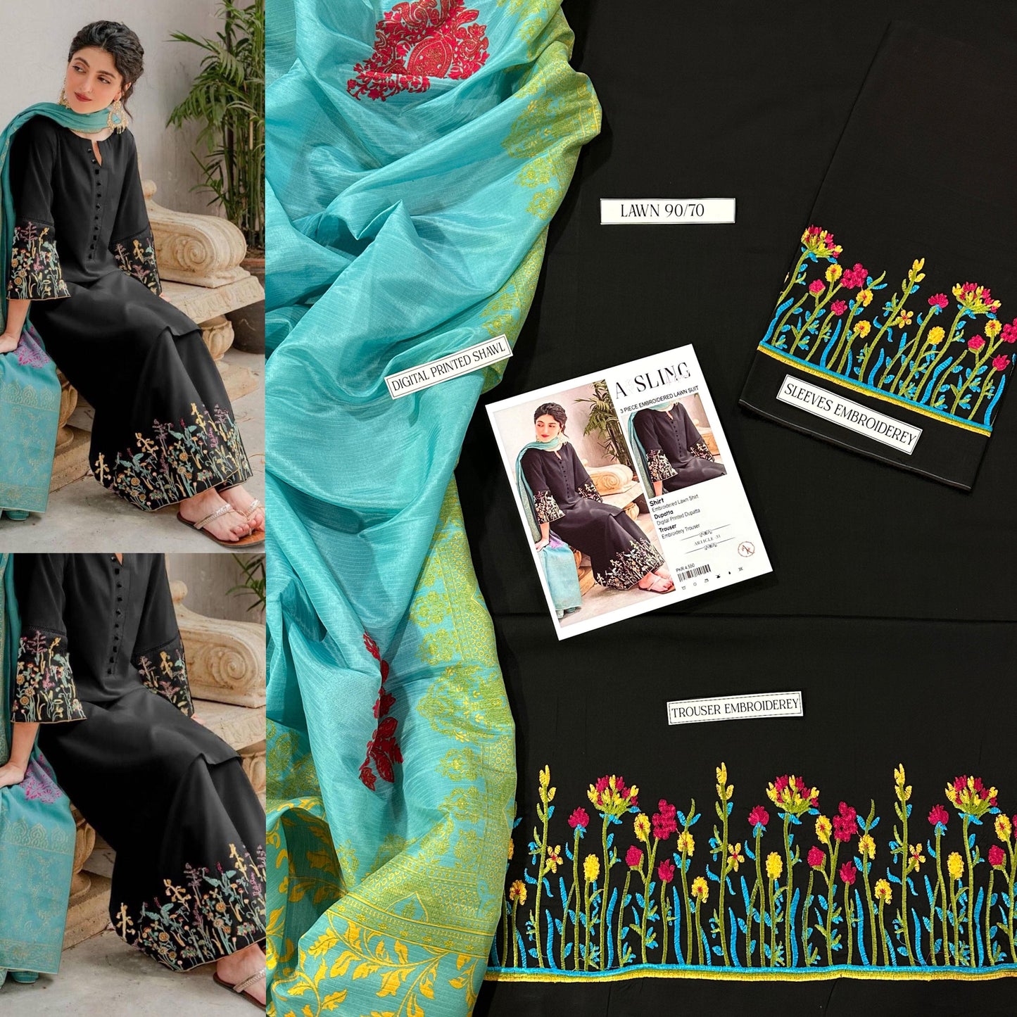 ✨ Graceful Black Embroidered Suit with Aqua Dupatta ✨