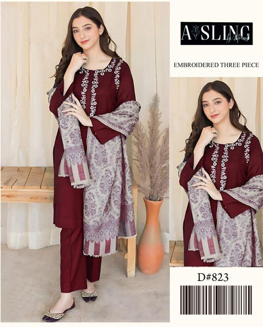 Embroidered Three Piece Suit (Maroon)Trending Article