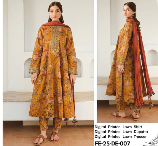 Golden Bloom Elegance ✨ | Digital Printed Lawn 3-Piece Suit
