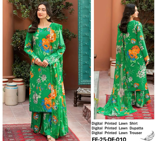 Elegant Green Floral Lawn Suit – 3 Piece(With catalog and bag)