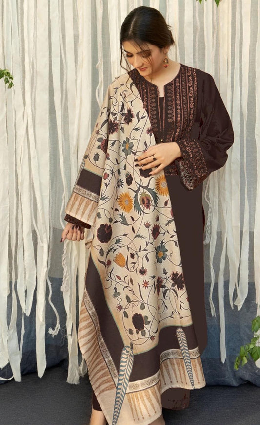 Brown Embroidered 3 Piece Unstitched